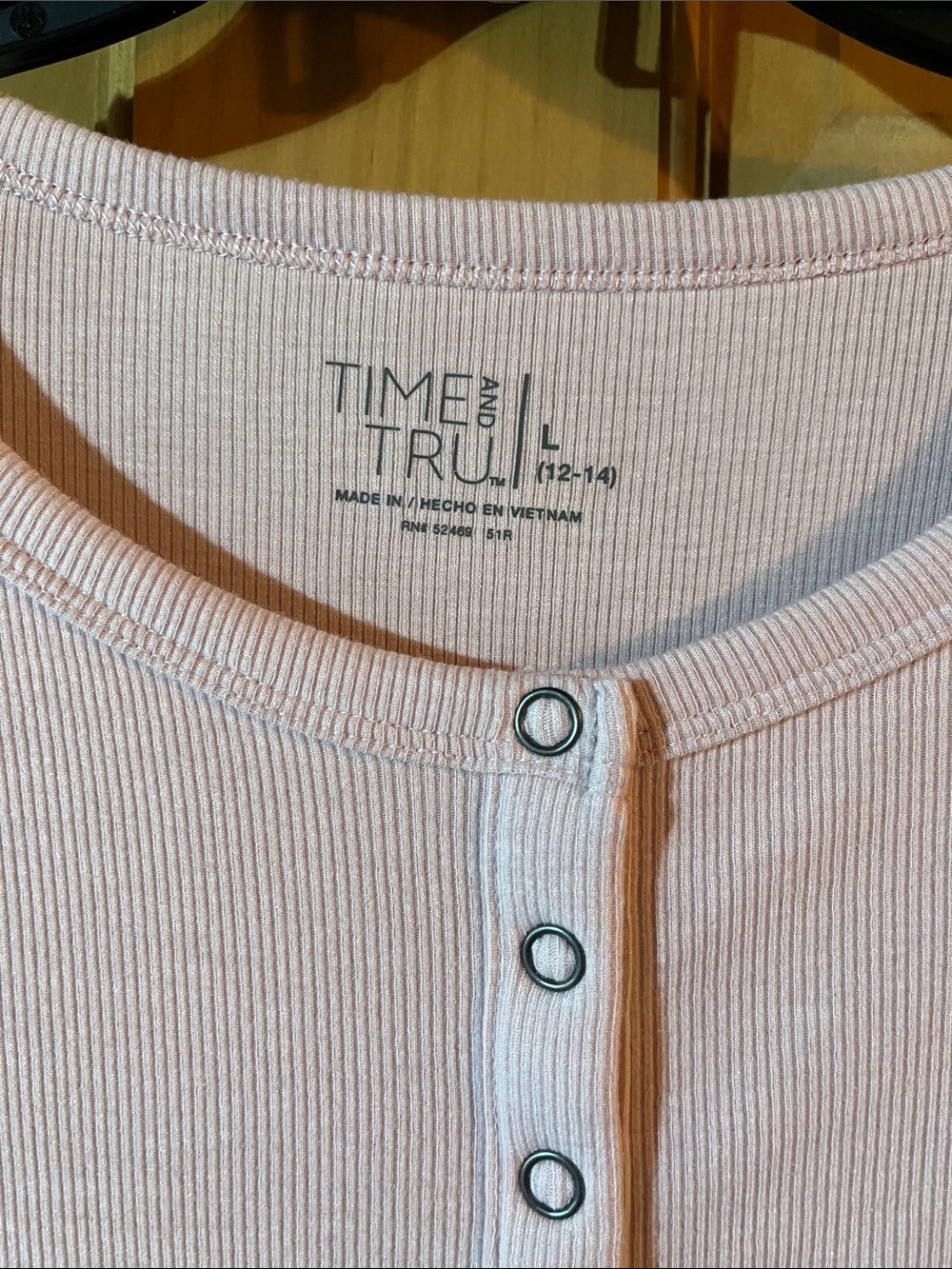 Time and Tru Long-Sleeve Henley Top - Pale Pink - Picture 2 of 3
